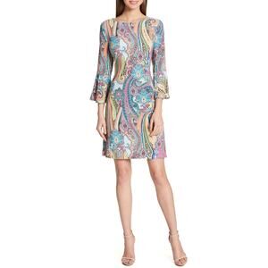 Tommy Hilfiger Paisley Print Bell Sleeve Sheath Dress Size 8 Multicolor